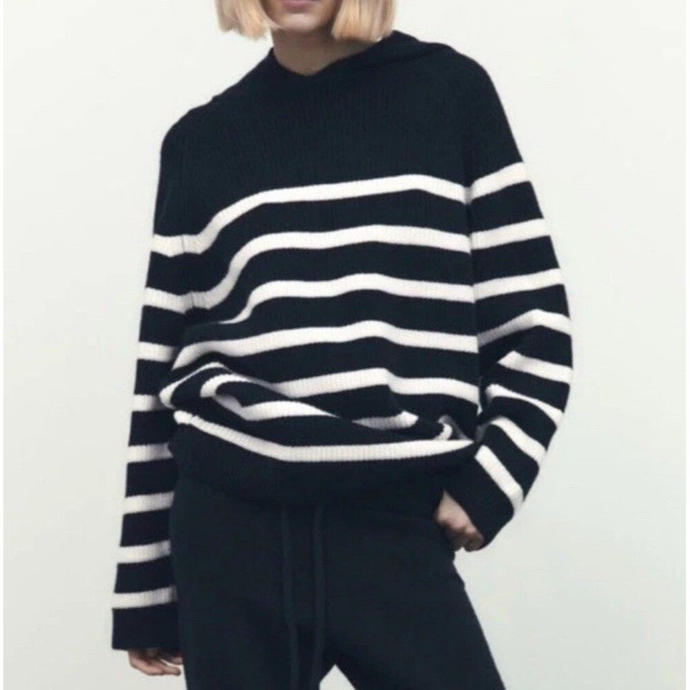 ZARA Navy White Striped Knit Sweater Oversized Pullover Hooded Sweatshirt Size S
